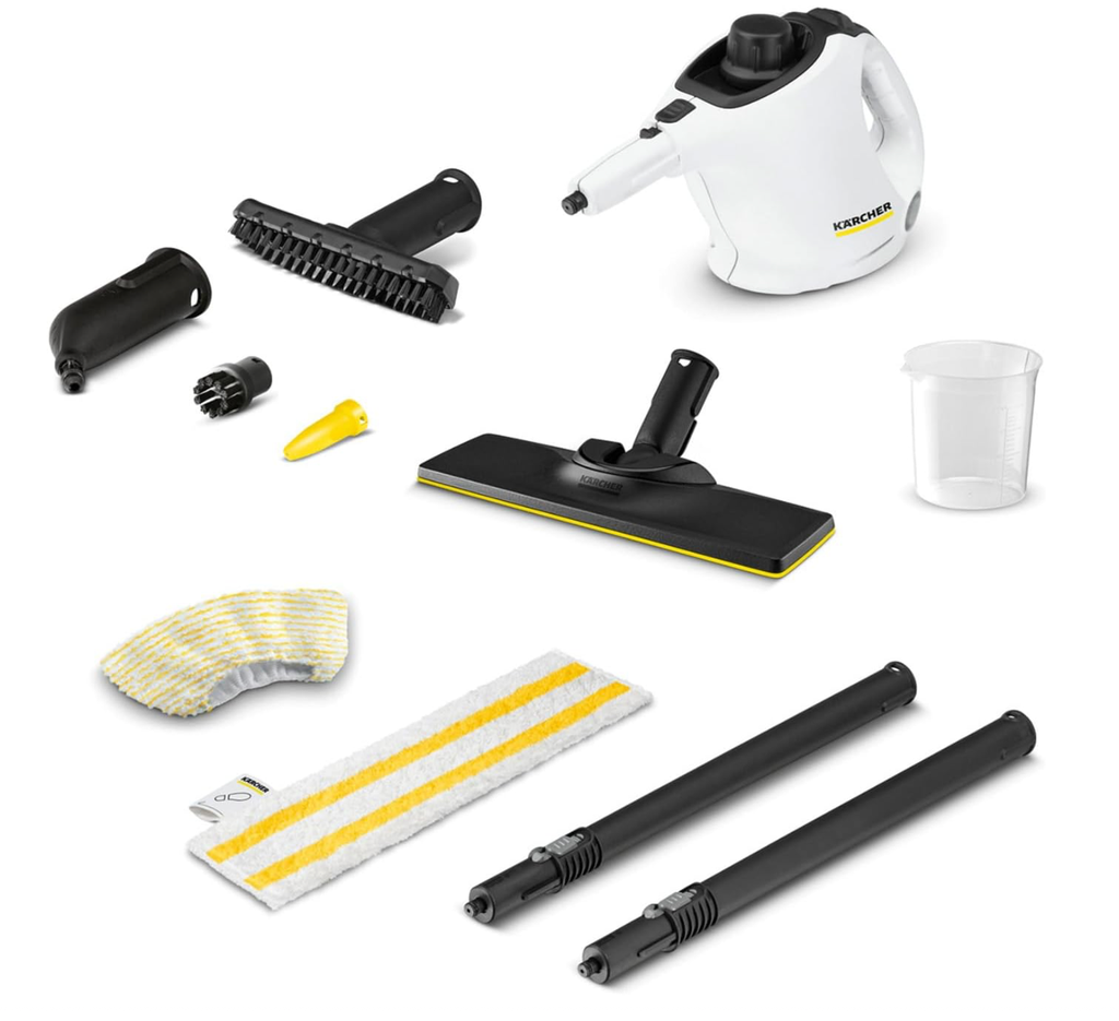 Kärcher SC 1 EasyFix Steam Cleaner, steam pressure: 3 bar, heat-up time: 3 min., power: 1,200 W, cleaning area: 20 m², tank: 200 ml, includes EasyFix floor cleaning kit, nozzles, and microfiber cover, white